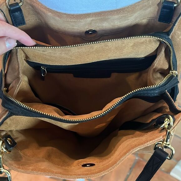 American Leather Co. Lenox Studded Tri-Entry Satchel, Nutmeg Suede/Black Leather main image 4